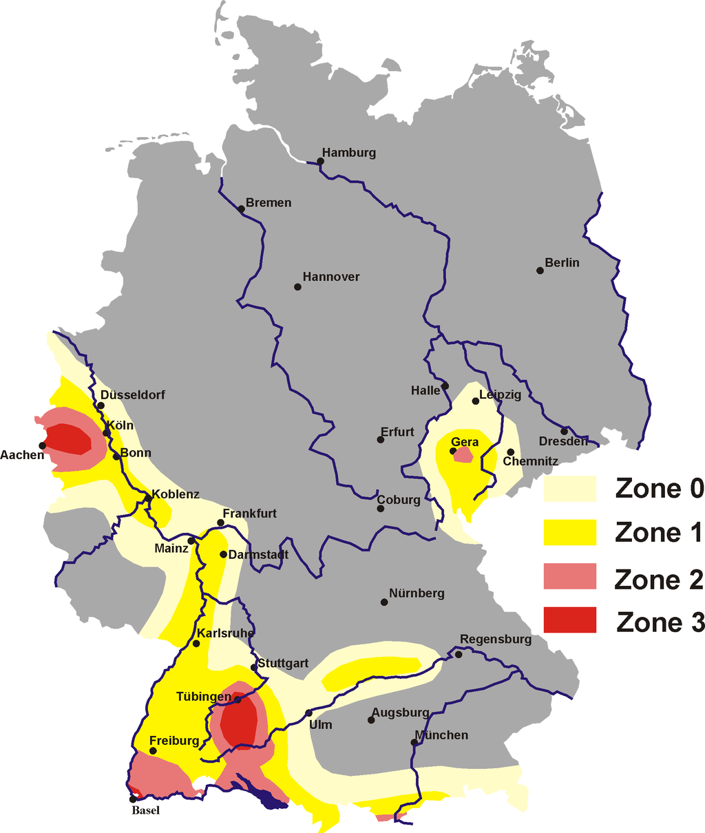 Das Bild zeigt die Karte mit den Erdbebenzonen in Deutschland.