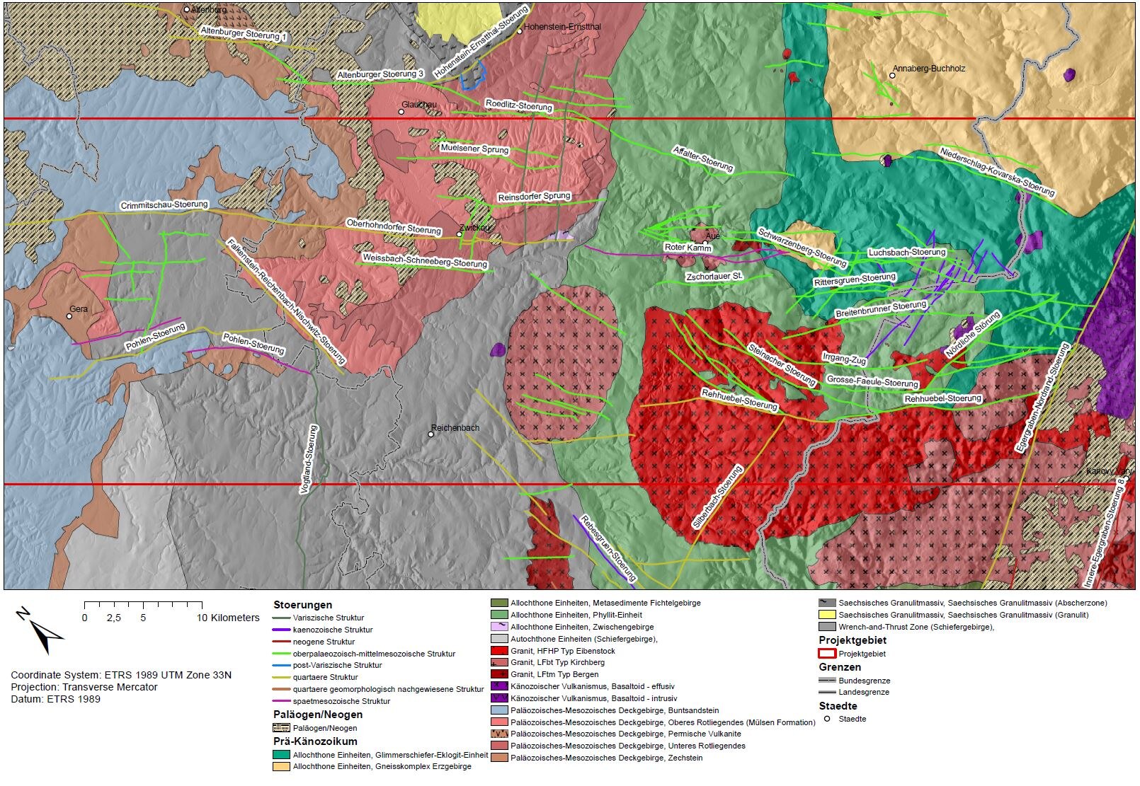 Geologische Karte der Gera-Jachymov-Zone mit geologischen Einheiten und wichtigen Störungen.