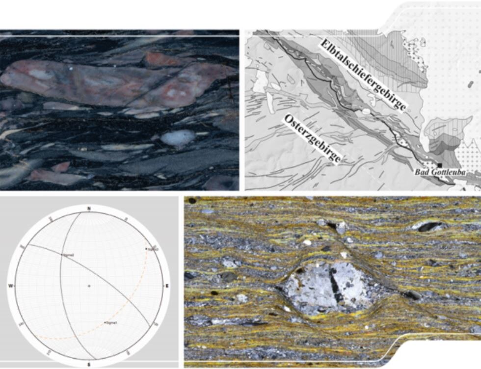 Collage von Handstück und Dünnschliff deformierter Gesteinsproben sowie der Karte des untersuchungsgebietes und der Plots von strukturgeologischen Daten im Schmidtschen Netz.