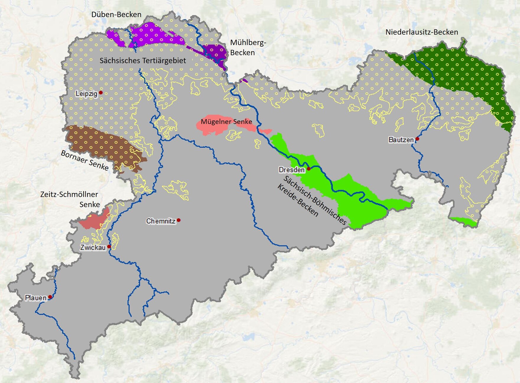 Karte mit den regionalen geologischen Einheiten des GDeckgebirges in Sachsen.