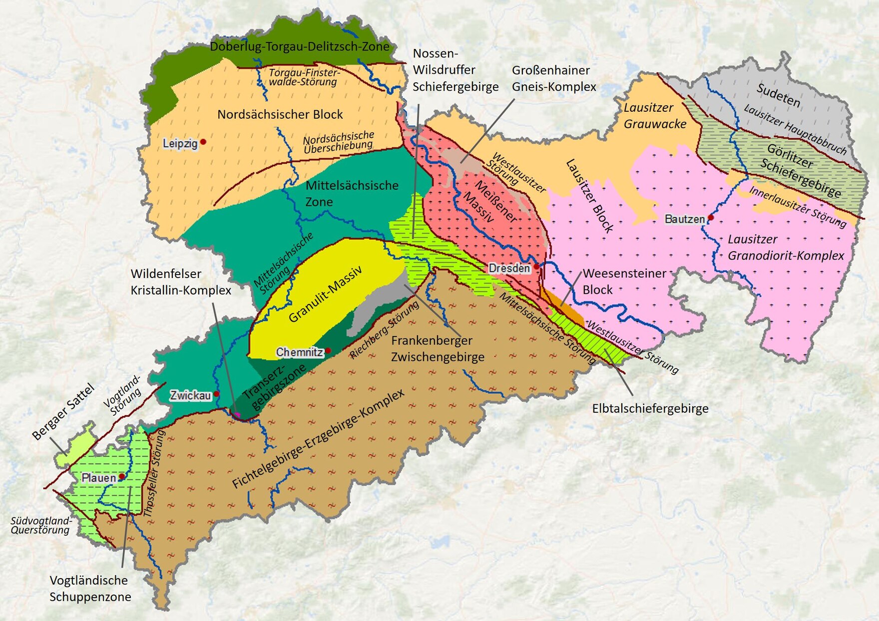 Karte mit den regionalen geologischen Einheiten des Grundgebirges in Sachsen.