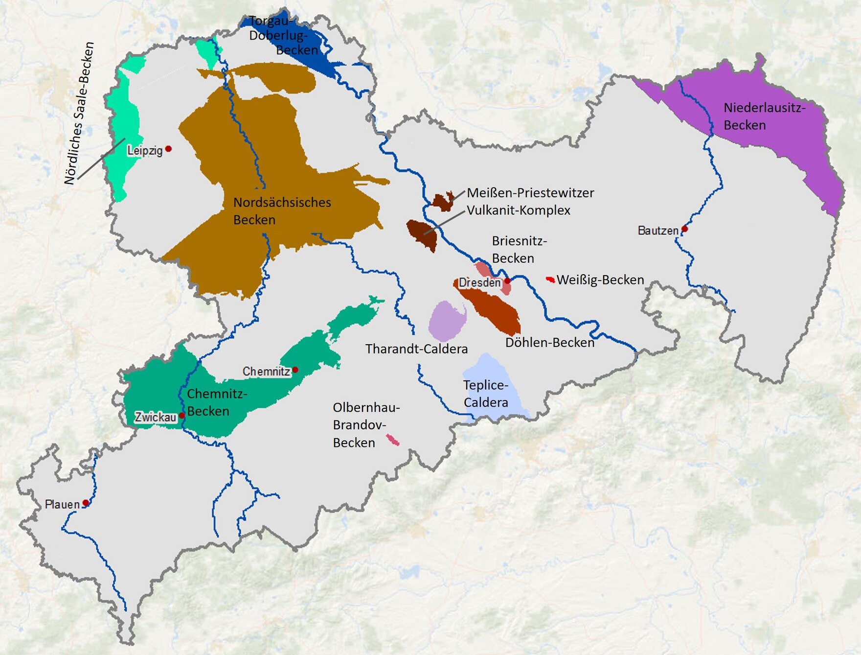 Karte mit den regionalen geologischen Einheiten des Übergangsstockwerks in Sachsen.