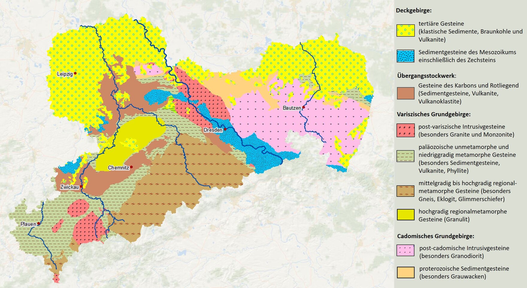 vereinfachte geologische Karte mit wichtigen Gesteinen Sachsens