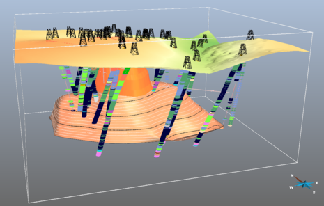 Das Bild zeigt ein 3D-Modell mit geologischen Grenzflächen und Störungsdaten.