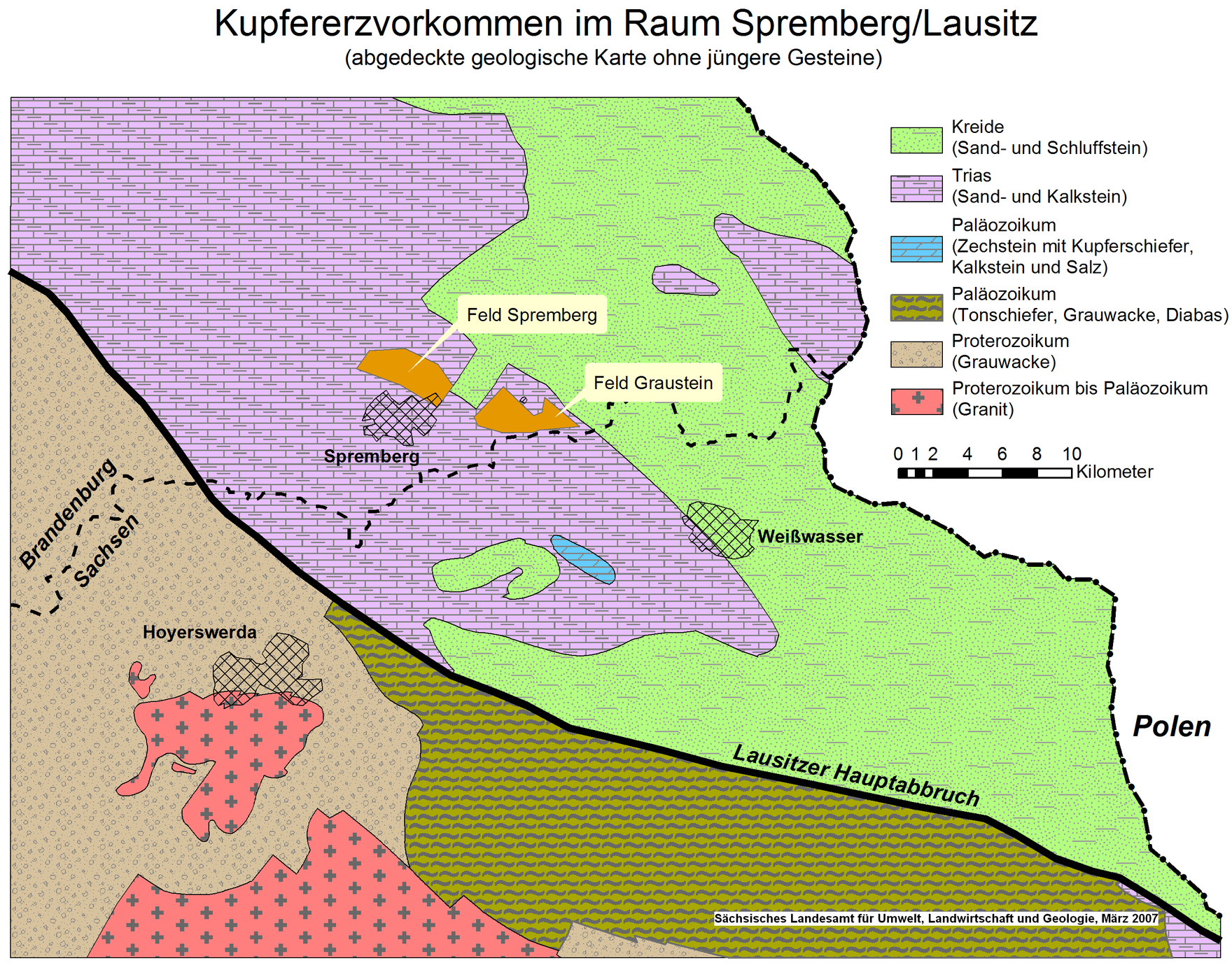 Geologische Karte mit Kupfererzvorkommen im Raum Spremberg/Lausitz