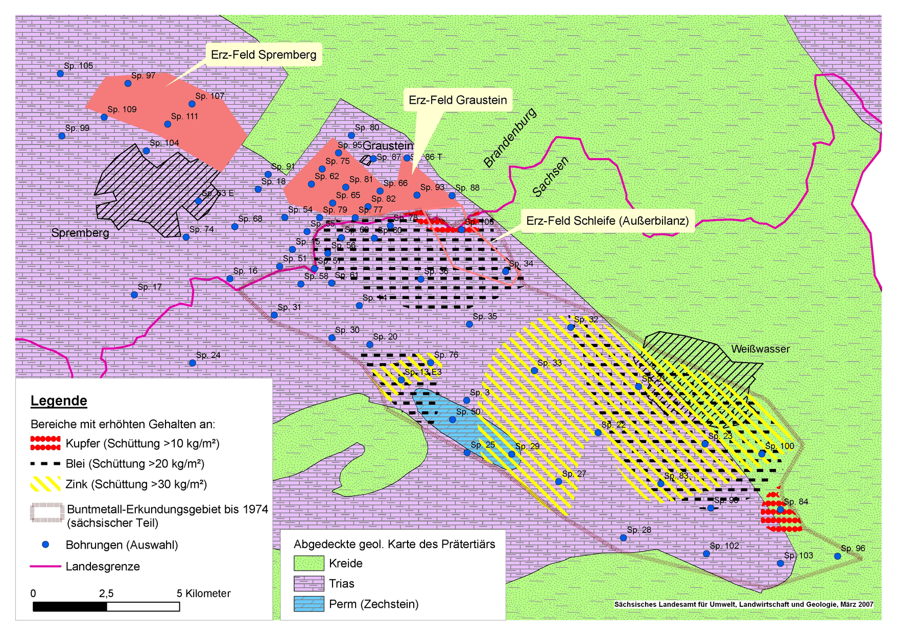 Geologische Karte mit den bisher bekannten Buntmetallanreicherungen in Sachsen.