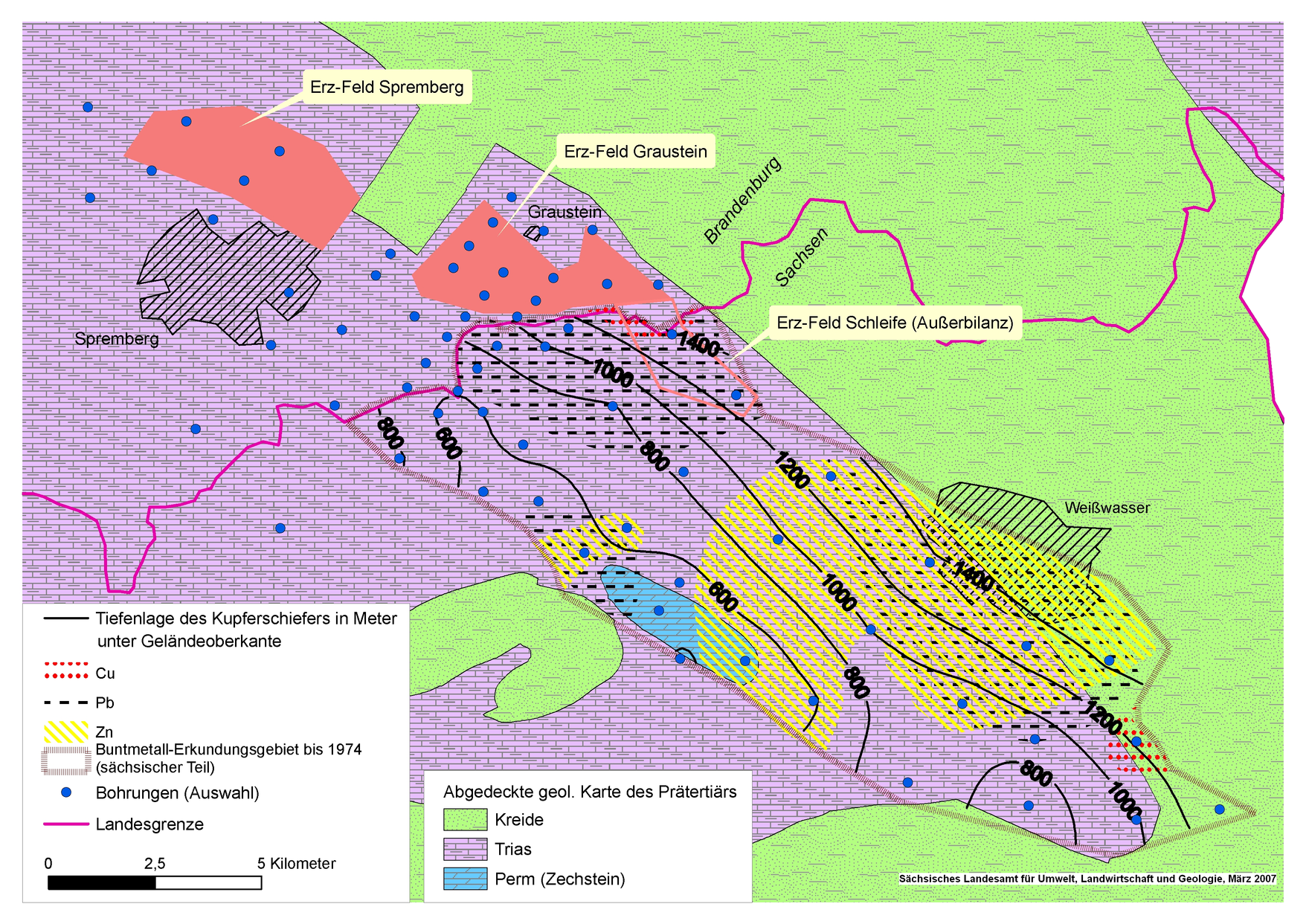 Geologische Karte mit Darstellung der Tiefenlage des erzführenden Horizonts (Kupferschiefer und Begleitschichten) in Sachsen.