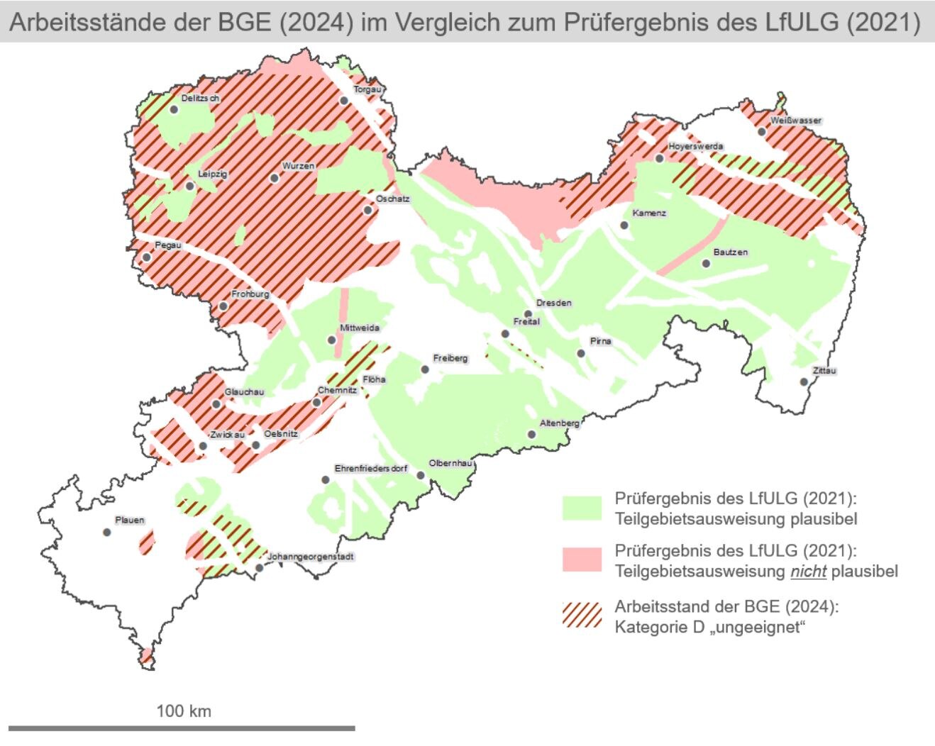 Arbeitsstände der BGE von 2024 verglichen mit den Prüfergebnissen des LfULG (2021).