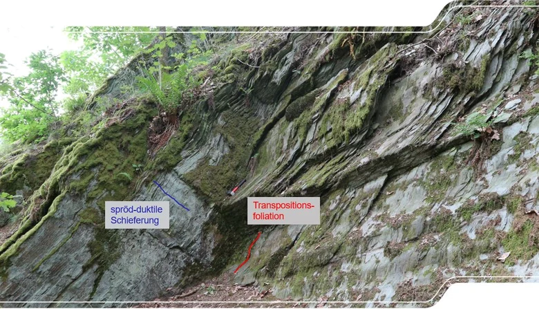 Phyllit im Bergaer Sattel mit verfalteter Foliation und später spröd-duktiler Schieferung