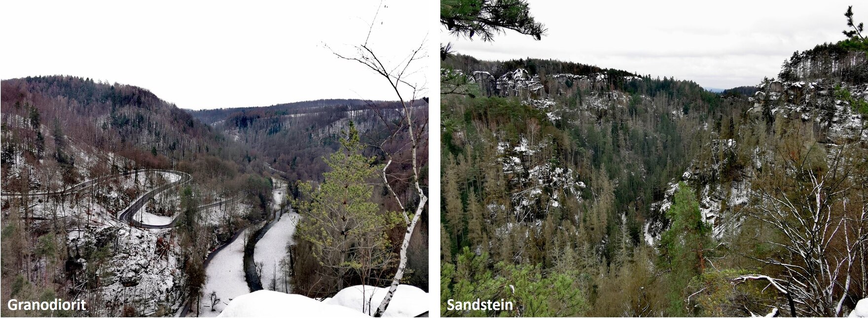 zweigeteiltes Bild mit Blick polenzaufwärts in ein muldental mit sanfter talform und Straße sowie Blick vom Hockstein polenzabwärts in ein schroffes Felsental