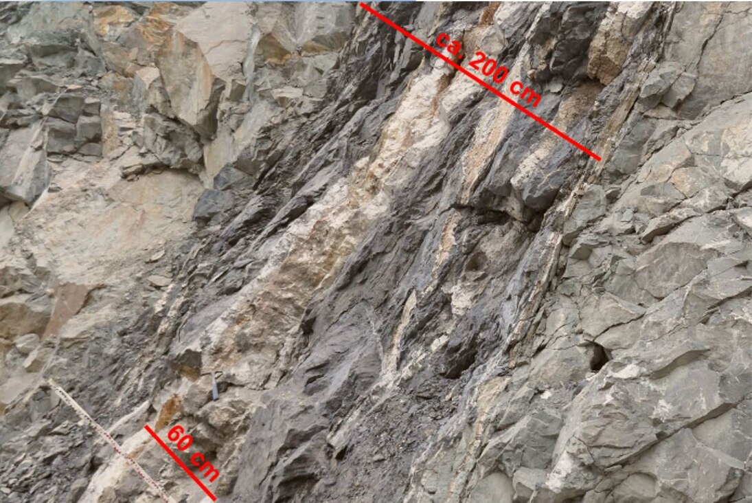 Der „Brigitte Flacher“ ist in seinem derzeit auf den unteren Steinbruch-Sohlen aufgeschlossenen Bereich aus verschieden mächtigen Gängen und Schwarzschiefer (im Bild die schwarzgrauen, geschieferten Gesteine) aufgebaut. Die Gesamtmächtigkeit beträgt dort 