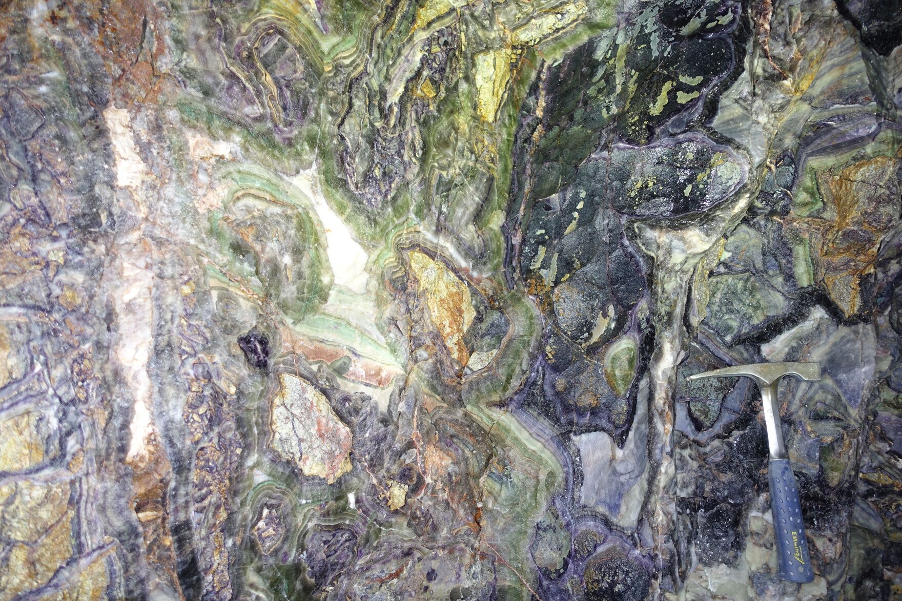 Das Bild zeigt einen Wandanschnitt aus der Flussspatgrube Niederschlag mit gebändertem, vorwiegend violett und grün gefärbtem Fluorit sowie Quarz der flq-Abfolge.
