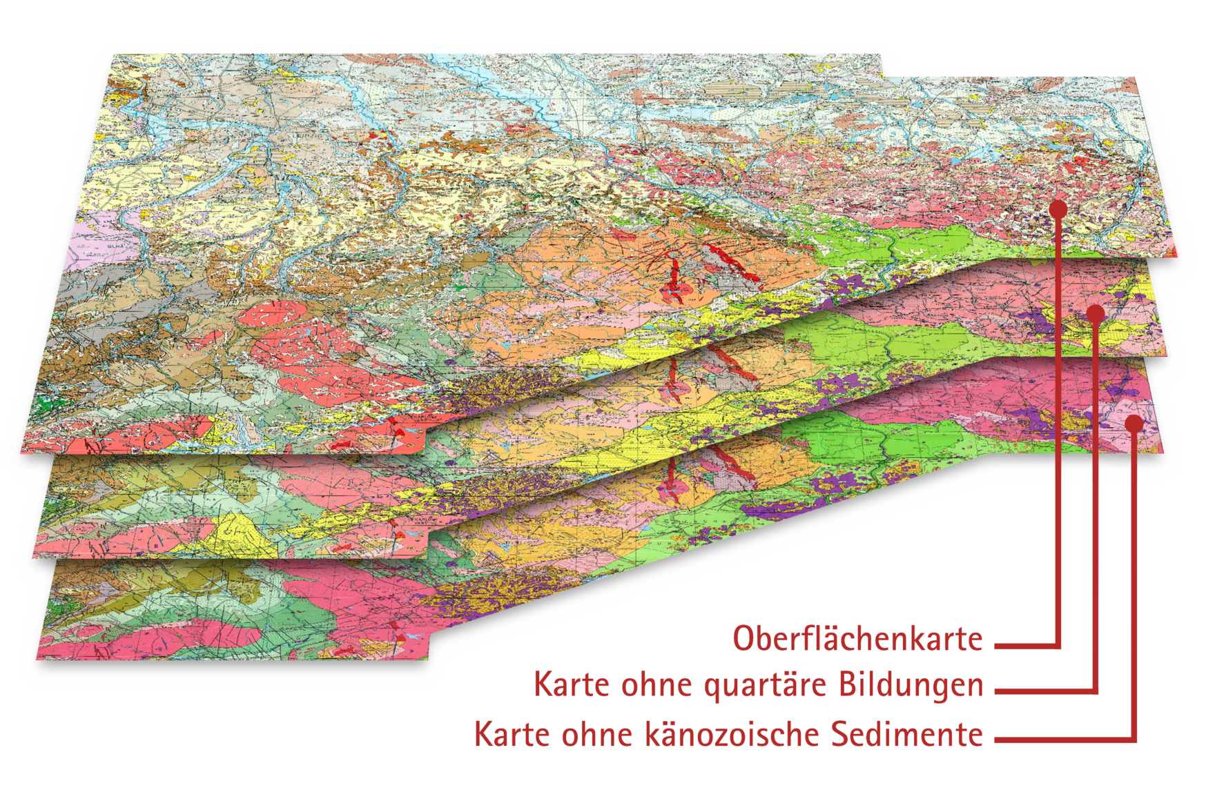 Das Bild zeigt die drei Ebenen der geologischen Übersichtskarte 1 : 400 000.