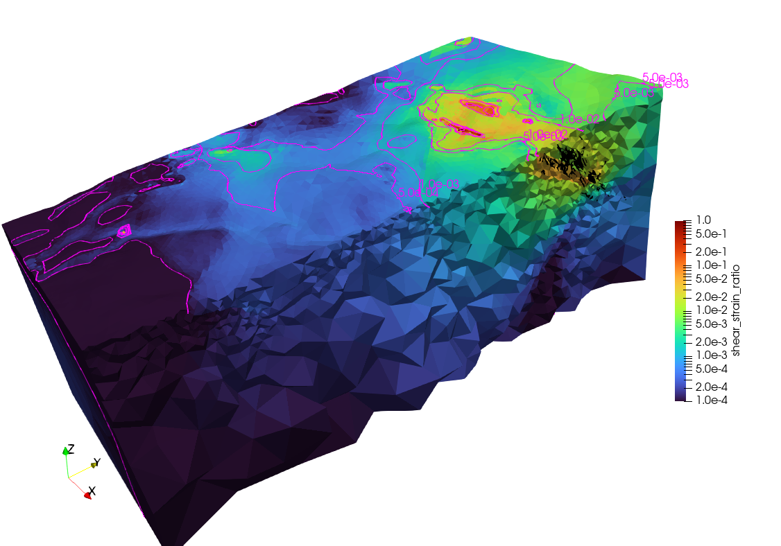 Das Bild zeigt einen Ausschnitt des 3D-Modells Aue mit den vom Bergbau beeinflussten Gebieten des Untergrunds in seiner Umgebung.