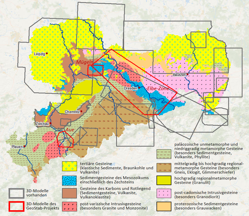 Karte mit den geologischen 3D-Modellen desLfULG, die Modelle Aue, Elbe-Zone und Mügeln wurden als Fallbeispiele für das Projekt ausgewählt.