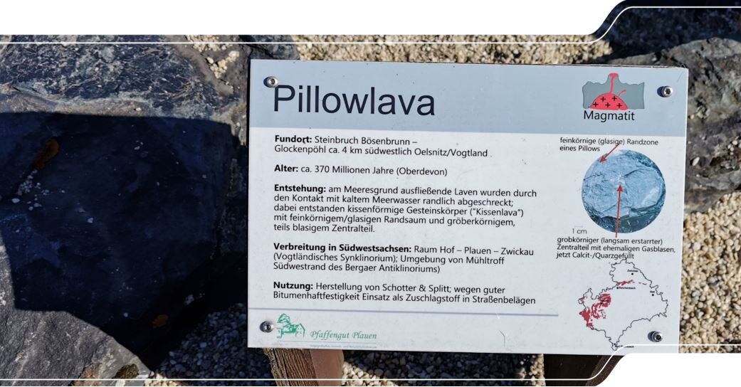 Foto eines Gesteinsbrockens aus Pillowlava, davor ein Schild mit Erläuterung der Herkunft und der Entstehung des Gesteins.