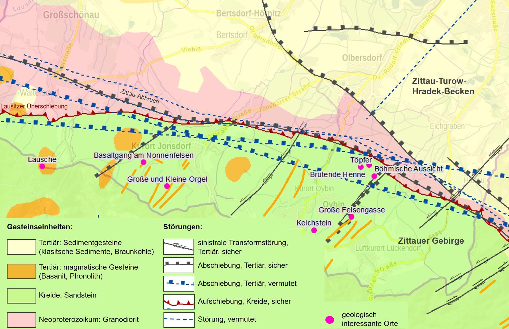 Wichtigste geologische Einheiten und Störungen im Zittauer Gebirge