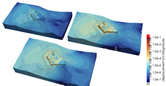 drei 3D-Modelle des Koenigssteins, welche die Reaktion des Felsens auf ein Starkregenereignis zeigen