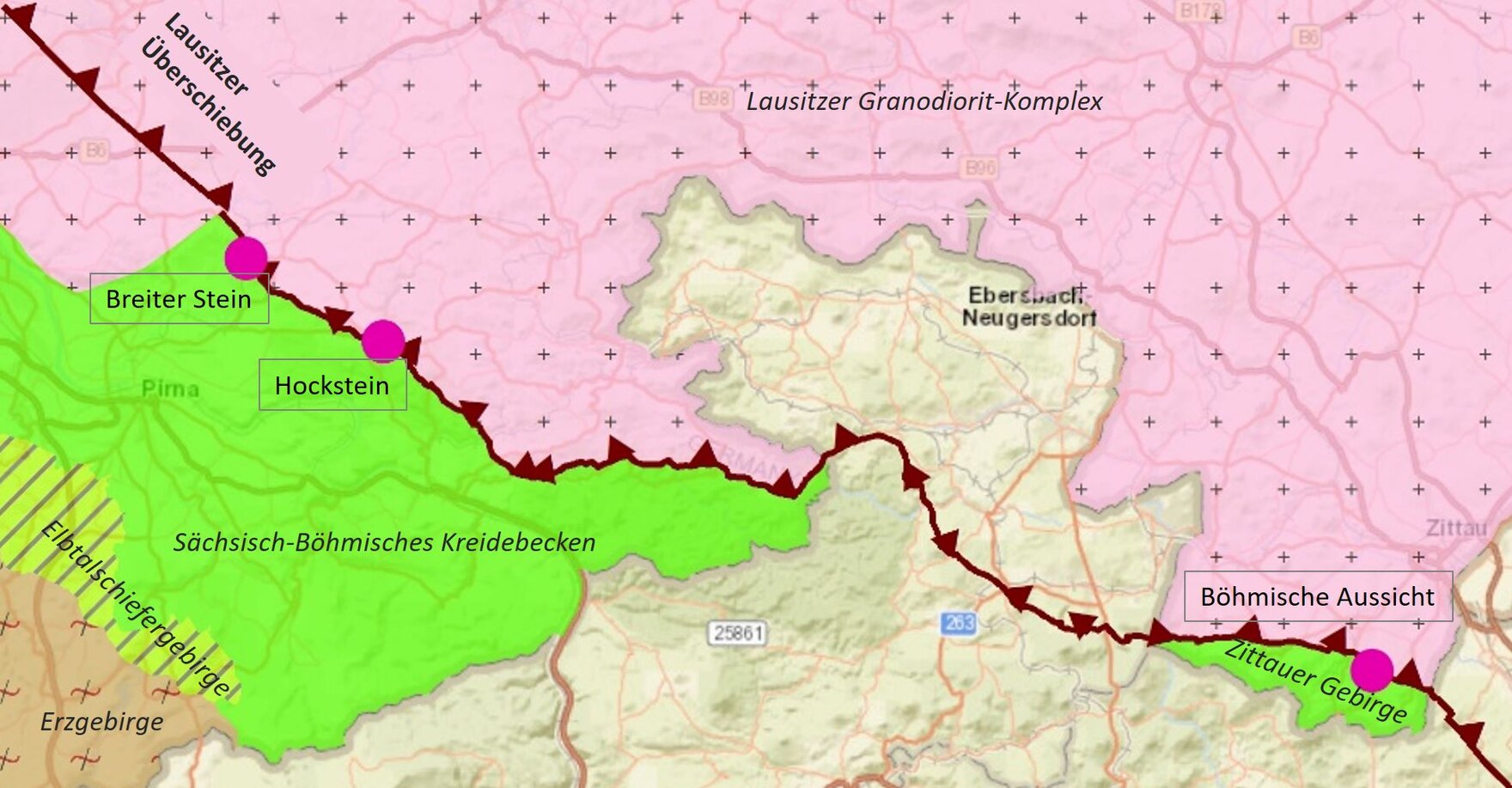 Geologische Karte der Lausitzer Überschiebung