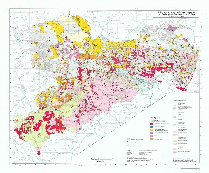 Das Bild zeigt die Rohstoffgeologische Übersichtskarte des Freistaates Sachsen 1 : 400 000 – Steine und Erden (RÜK400StE).