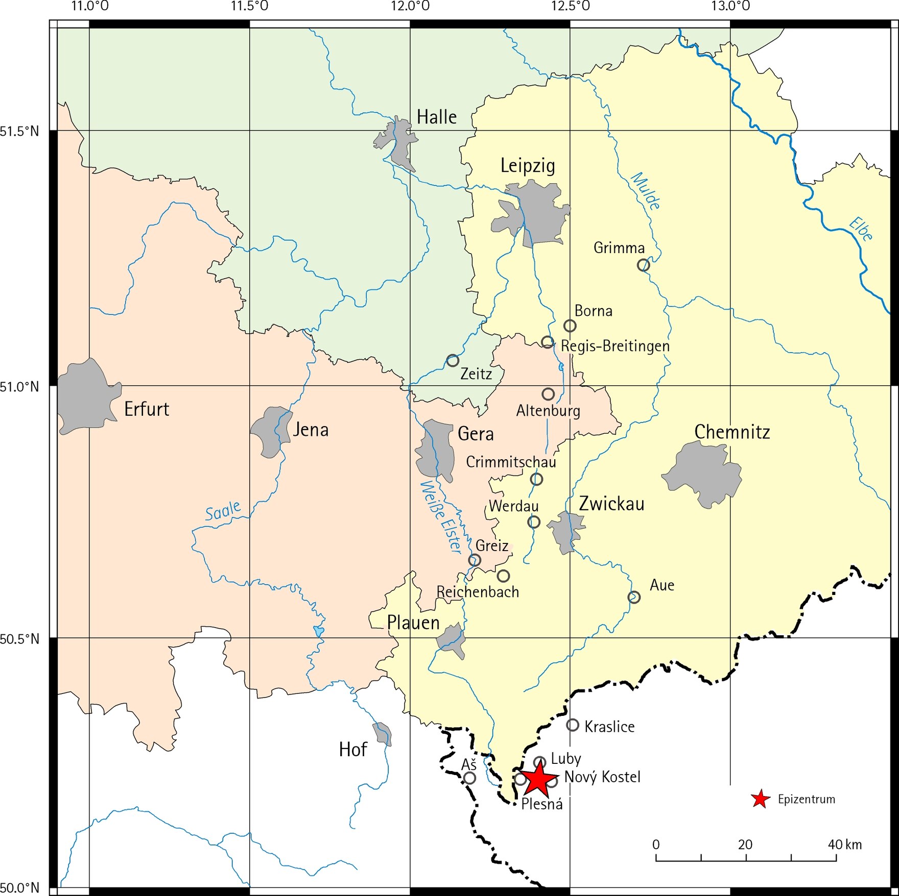 Lage der Epizentren der Schwarmbeben bei Nový Kostel