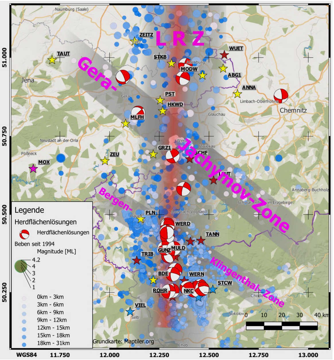 Karte mit Erdbebenherden und Hauptstörungszonen in Westsachsen