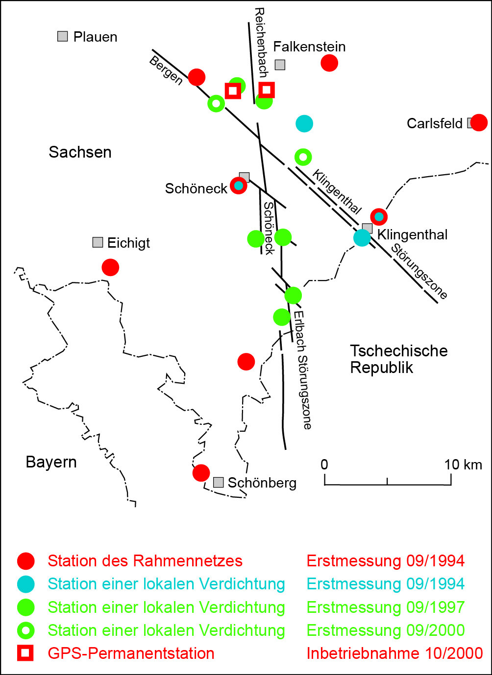  Verteilung der Stationen des Geodätischen Überwachungsnetzes »Vogtländisches Bebengebiet«