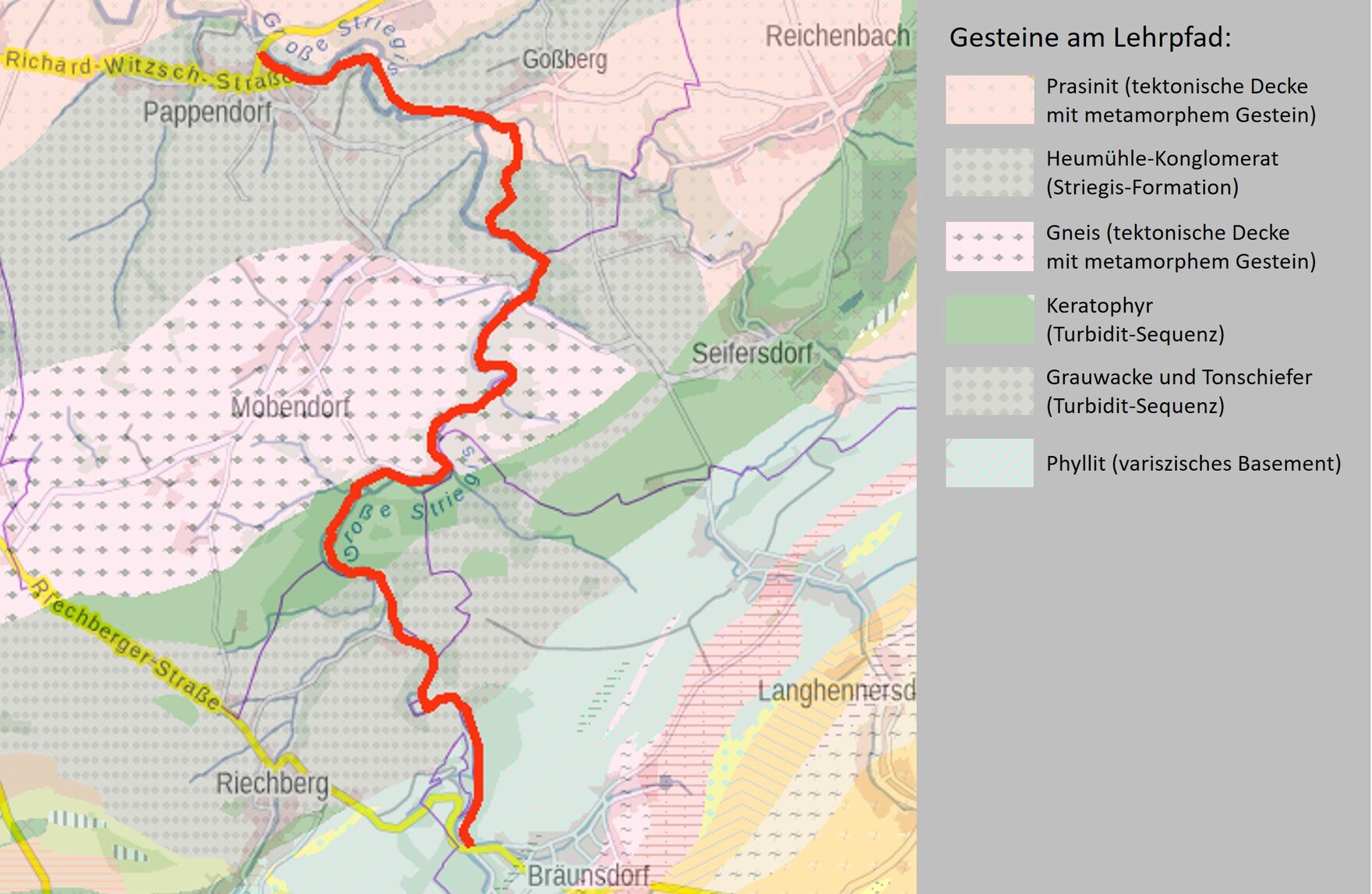 Geologische Karte der wichtigen Gesteine am Lehrpfad