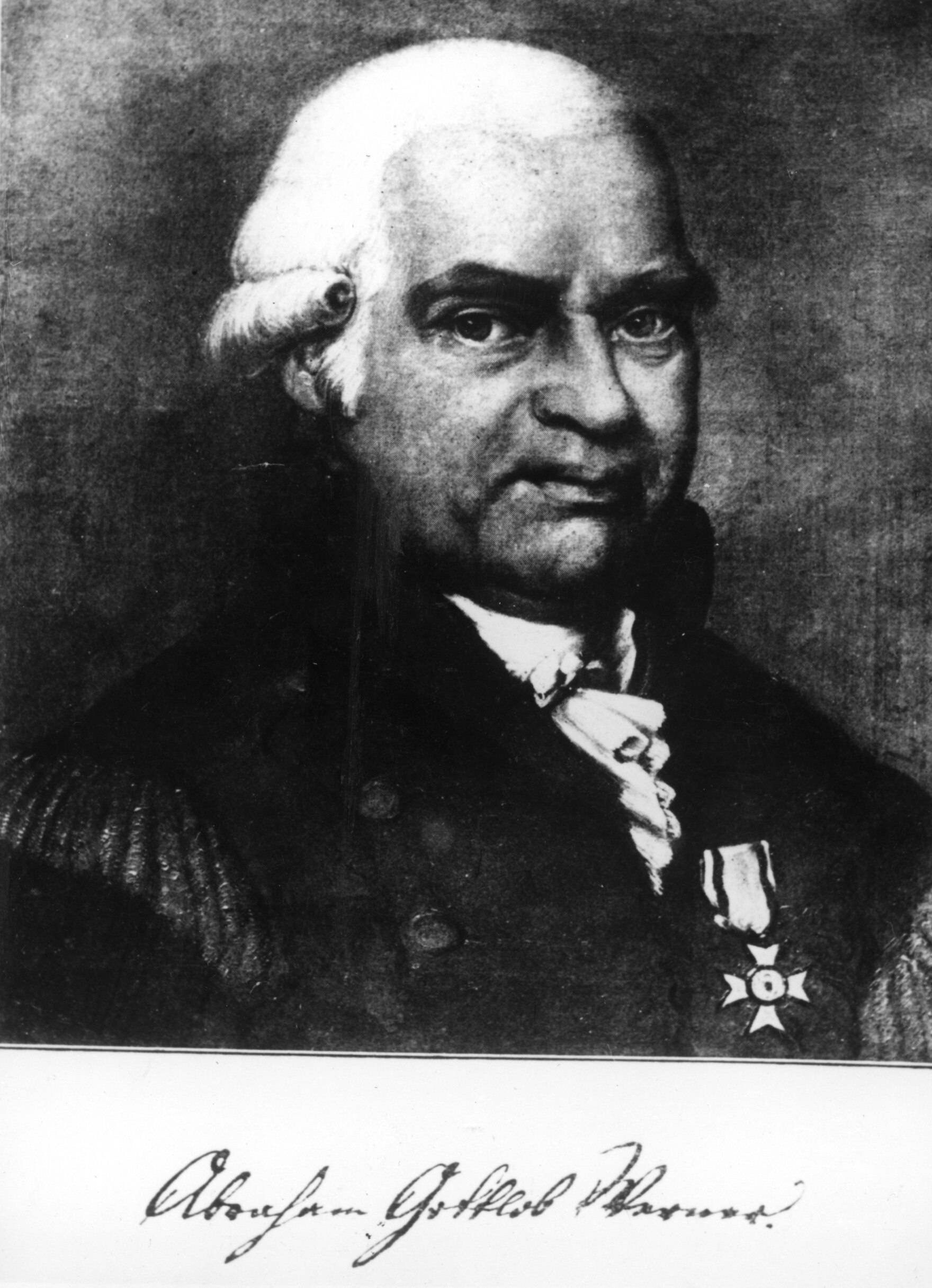 Bildnis von Bergrat Abraham Gottlob Werner (1749-1817), der als Professor an der Bergakademie Freiberg tätig war und die Geologie unter der Bezeichnung Geognosie als eigenständige Wissensgebiet von der Oryktognosie (=Mineralogie) abtrennte.