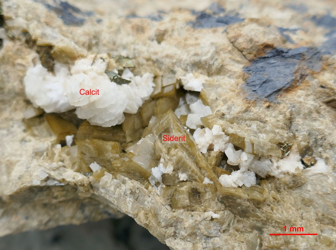 Kleiner Hohlraum mit Kristallen von Siderit und darauf als jüngste Bildung aufgewachsenen Calcit-Kristallen.