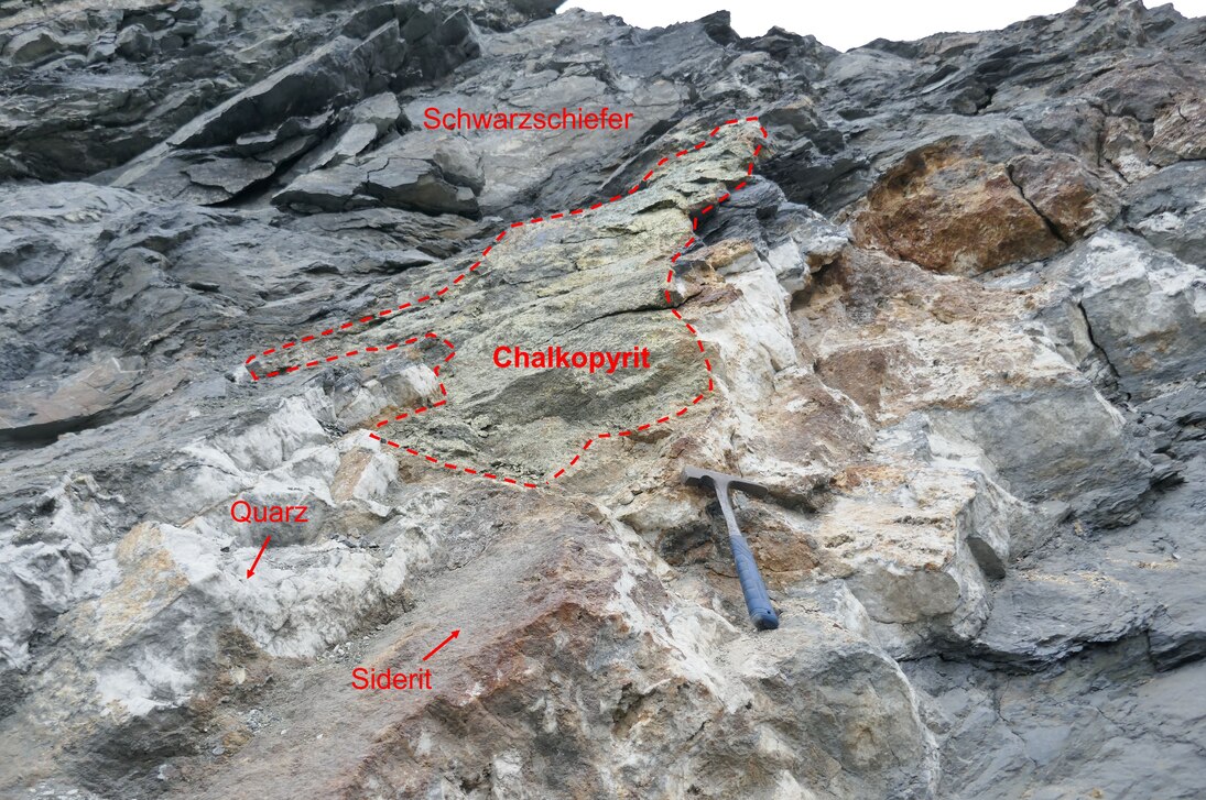 Im frischen, unverwitterten Erzgang sind dessen häufigste Minerale (Chalkopyrit, Quarz und Siderit) leicht zu erkennen.