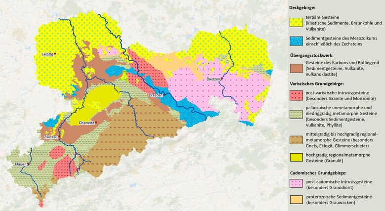 vereinfachte geologische Karte mit wichtigen Gesteinen Sachsens