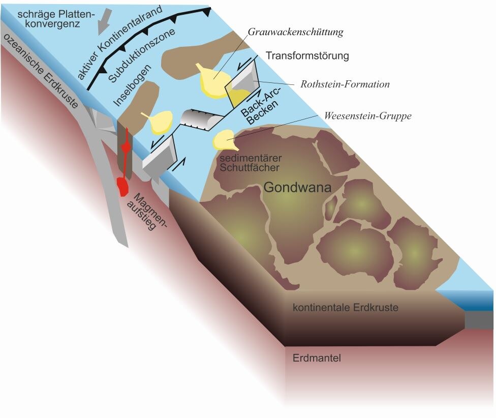 Geologisches Blockbild des aktiven Kontinentalrandes von Gondwana während der cadomischen Gebirgsbildung