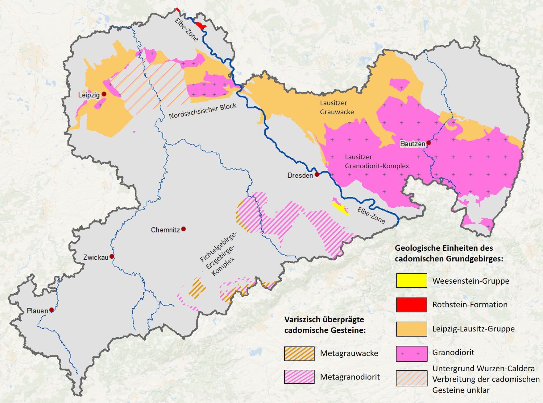 Karte der Gesteine des cadomischen Grundgebirges in Sachsen.