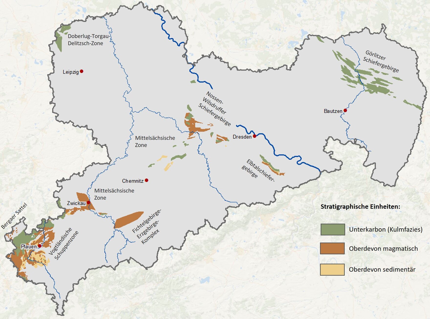 Geologische Karte von Oberdevon und Unterkarbon in Sachsen