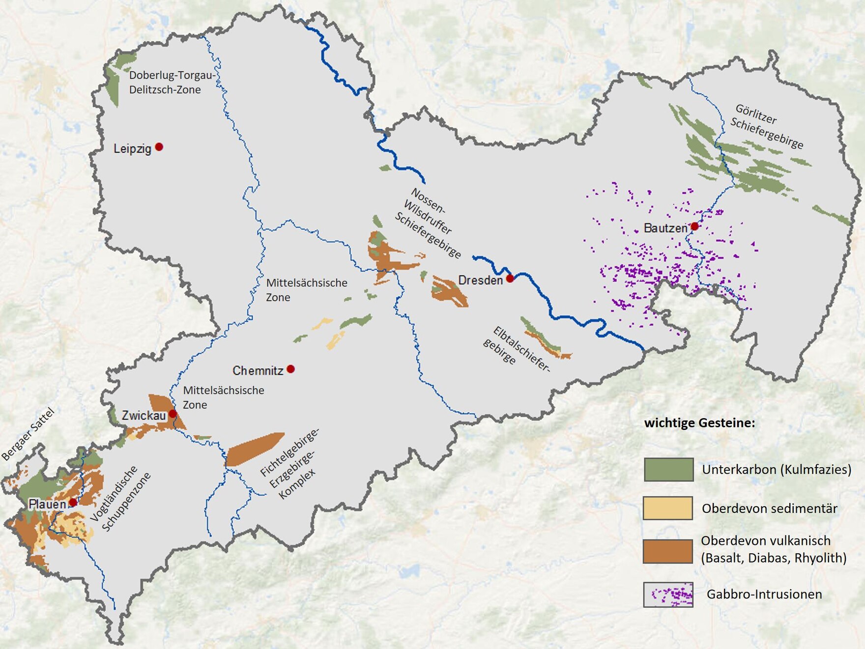 Geologische Karte von Oberdevon und Unterkarbon in Sachsen