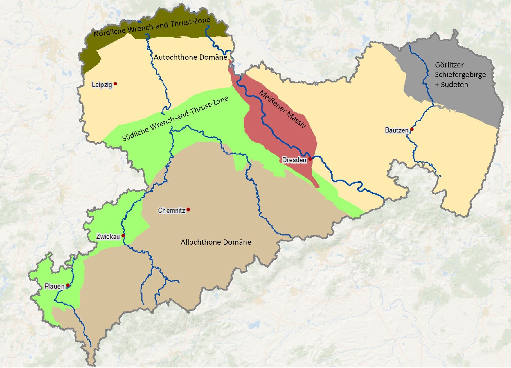 Karte von Sachsen mit den Domänen der saxothuringischen Zone
