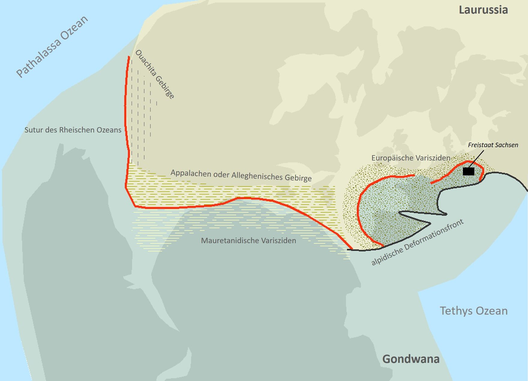 Karte mit den Einheiten des variszischen Gebirges in Nordamerika, Nordafrika und Europa.