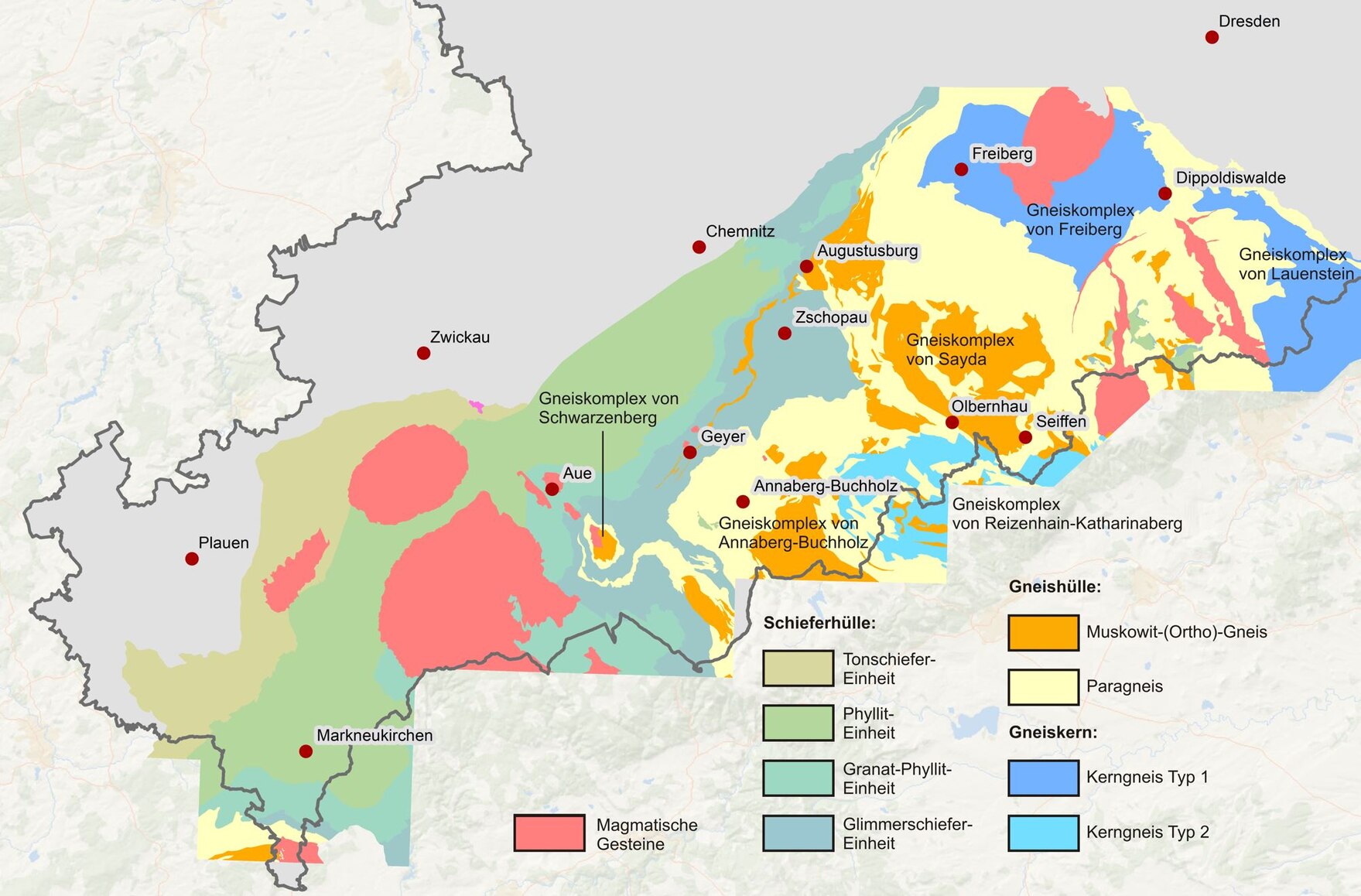 Geologische Karte des Erzgebirges vereinfacht