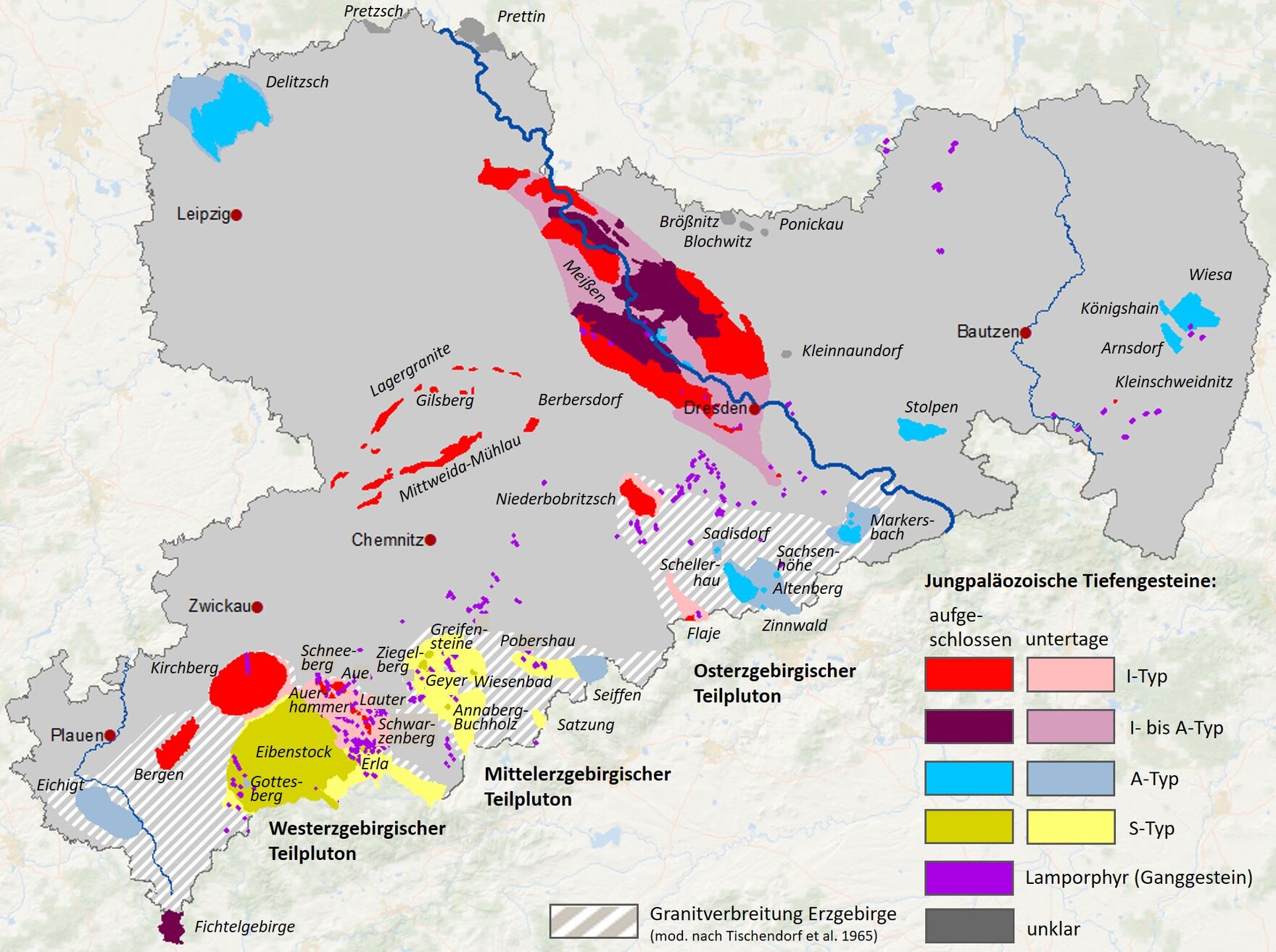 Karte jungpaläozoischer Granite in Sachsen mit tektonischer Klassifizierung, abgeleitet aus den Intrusionsaltern, der tektonischen Stellung und den Internstrukturen.