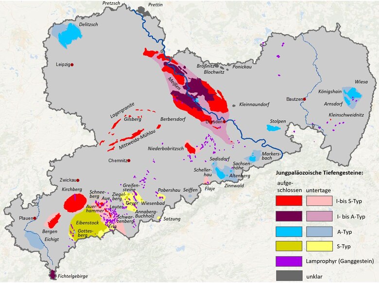 Karte der jungpaläozoischen Granite Sachsens
