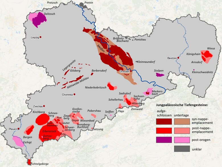 Karte der jungpaläozoischen Granite von Sachsen