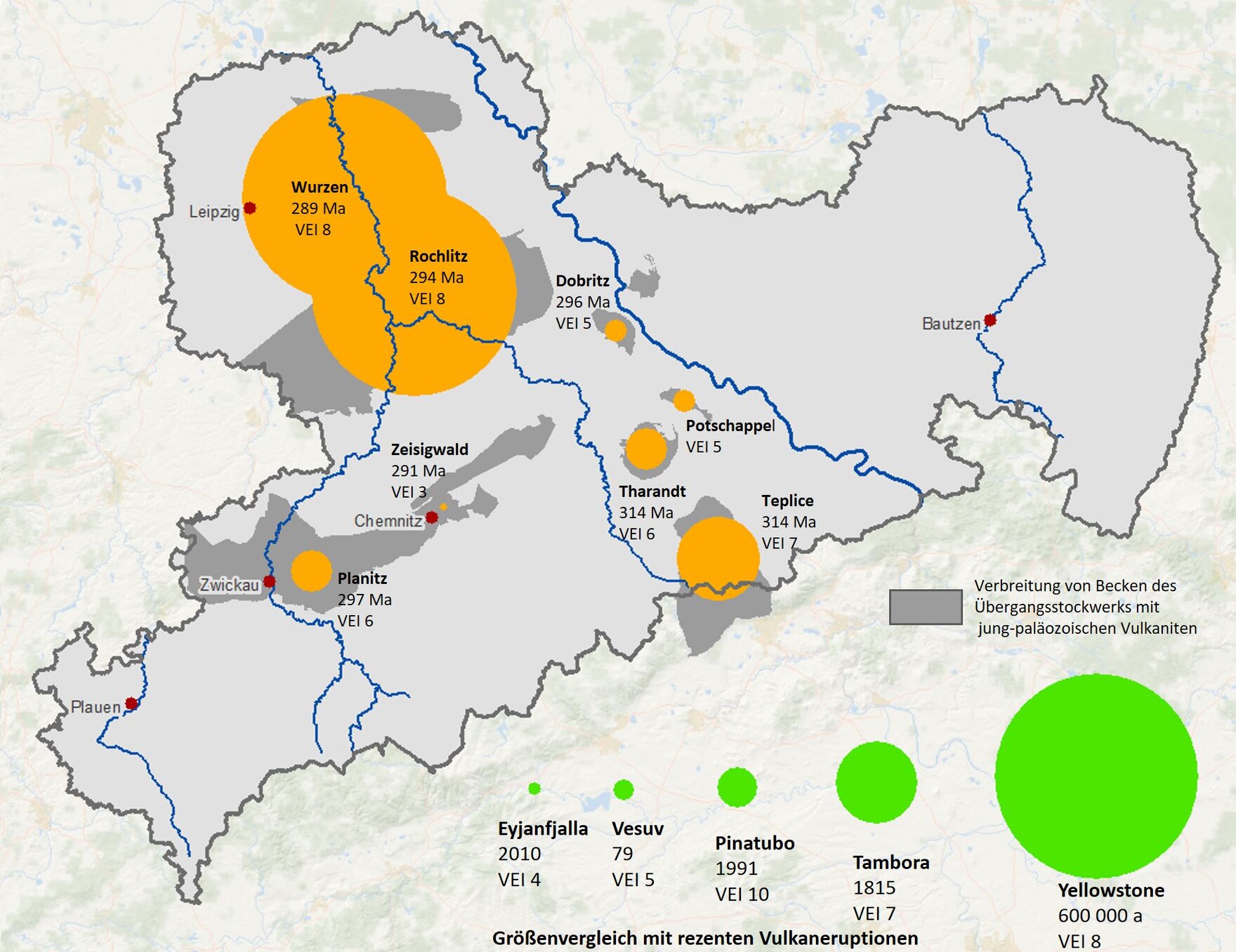 Karte mit den vulkanischen Eruptionen in Sachsen im Permokarbon.