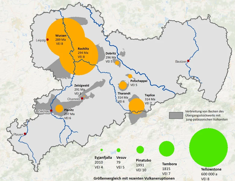 Karte der Verbreitung von Rhyolithischen Gesteinen in Sachsen