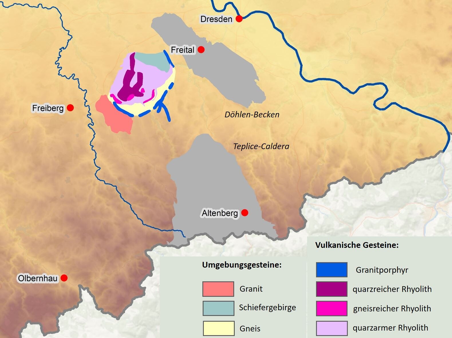 Karte mit den Gesteinen der Tharandt-Caldera