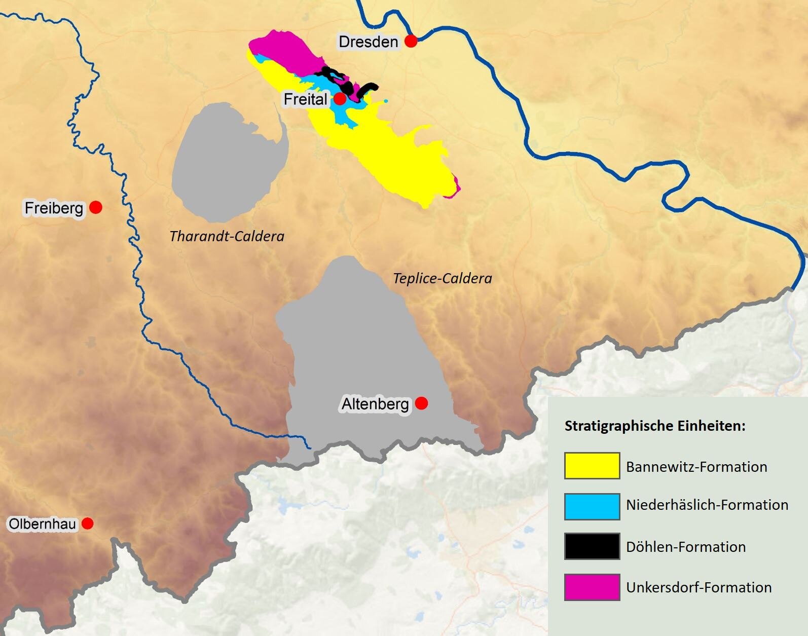 Karte mit der Verbreitung der Gesteinsformationen des Döhlen-Beckens