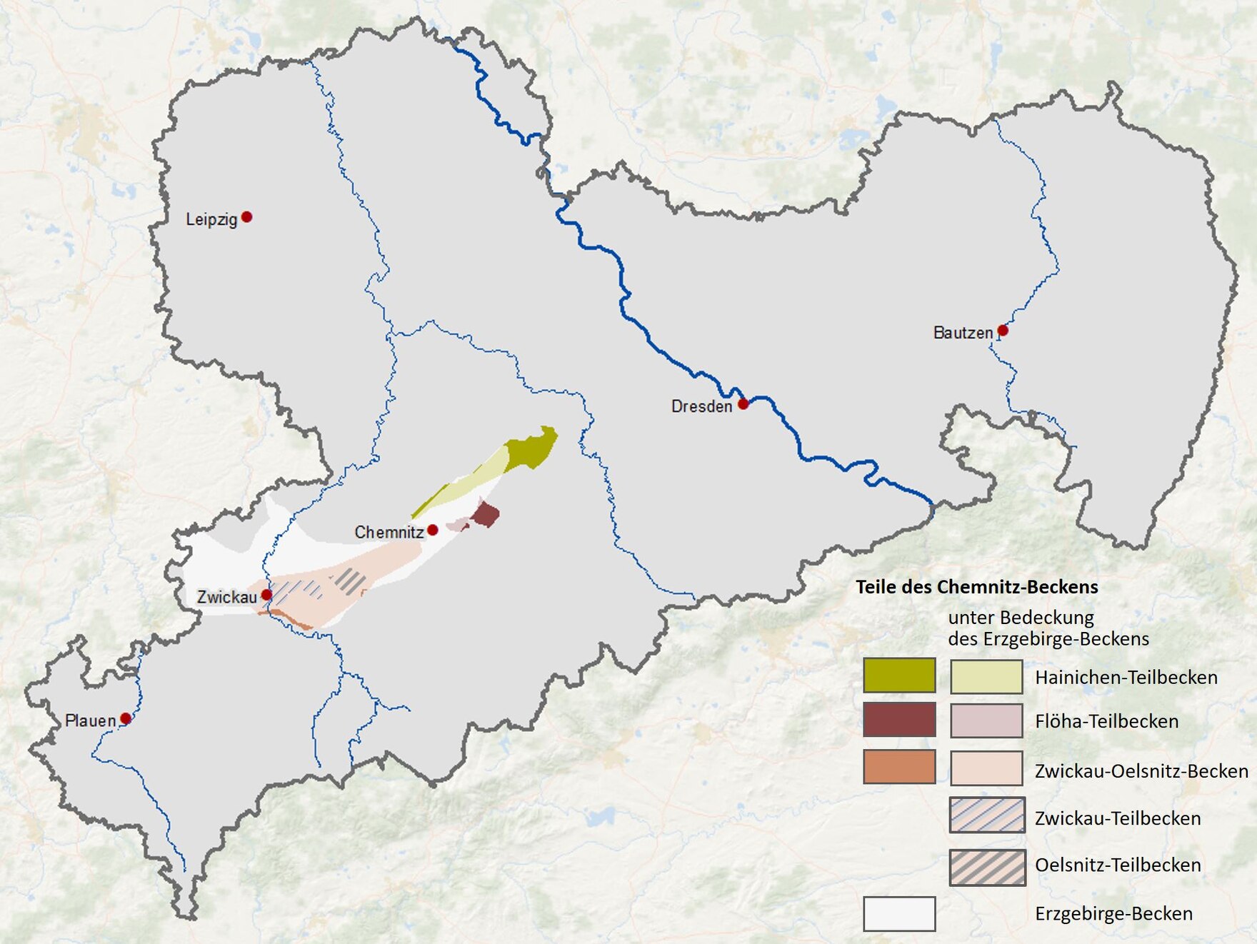 Karte des Chemnitz-Beckens und seiner Teilbecken.