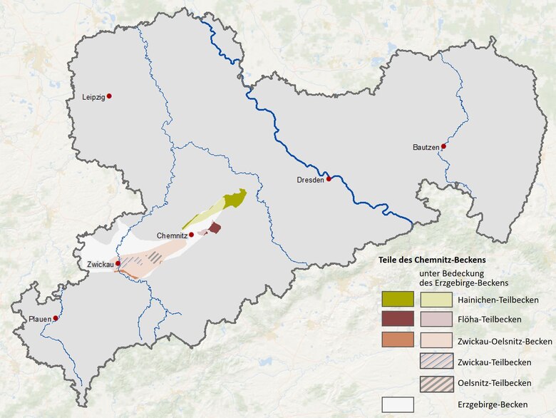 Karte des Chemnitz-Beckens und seiner Teilbecken.