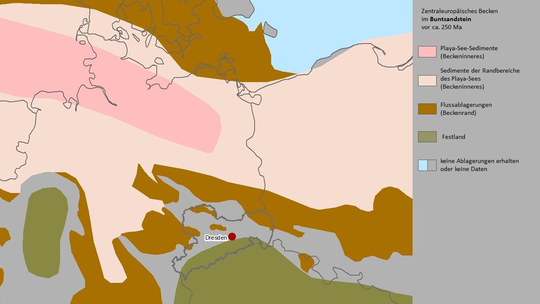 Karte der Paläogeographie Mitteleuropas im Buntsandstein.