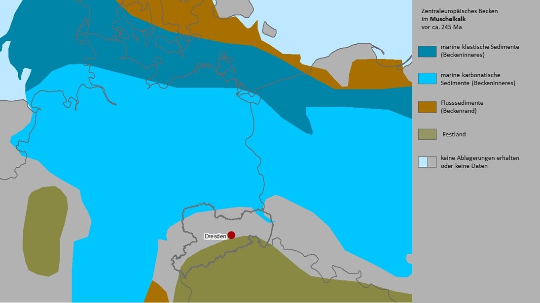 Karte der Paläogeographie Mitteleuropas im Muschelkalk.